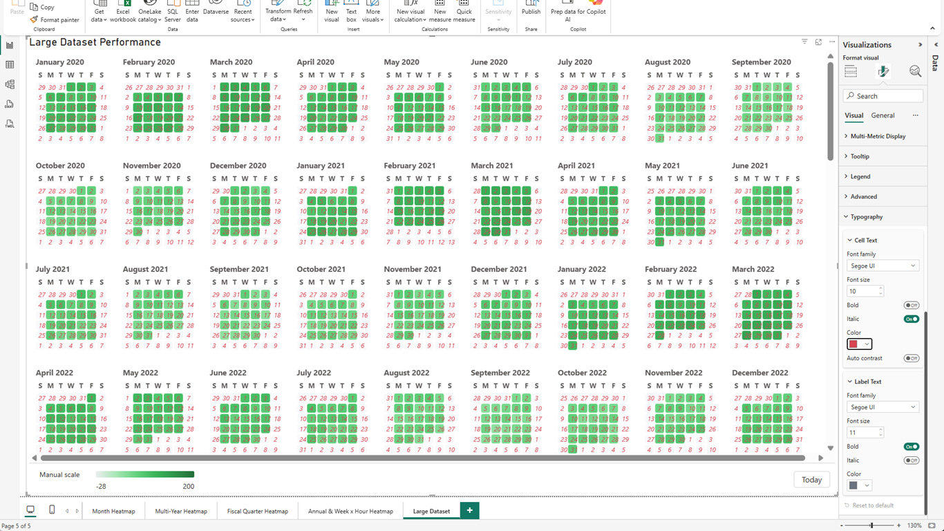 ProCalendar Heatmap Large Dataset Performance page showing many Month Heatmap panels and Typography settings for Cell Text and Label Text