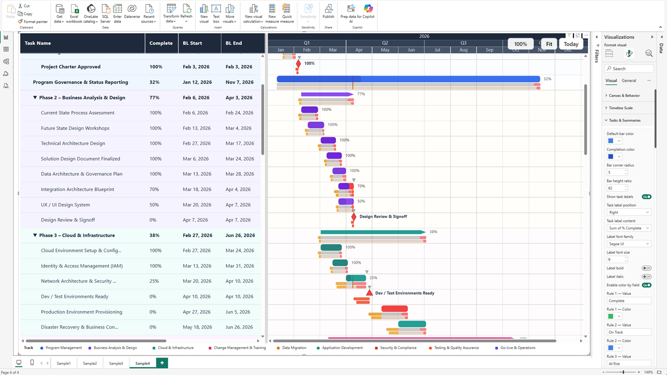 ProGantt baseline variance and progress tracking